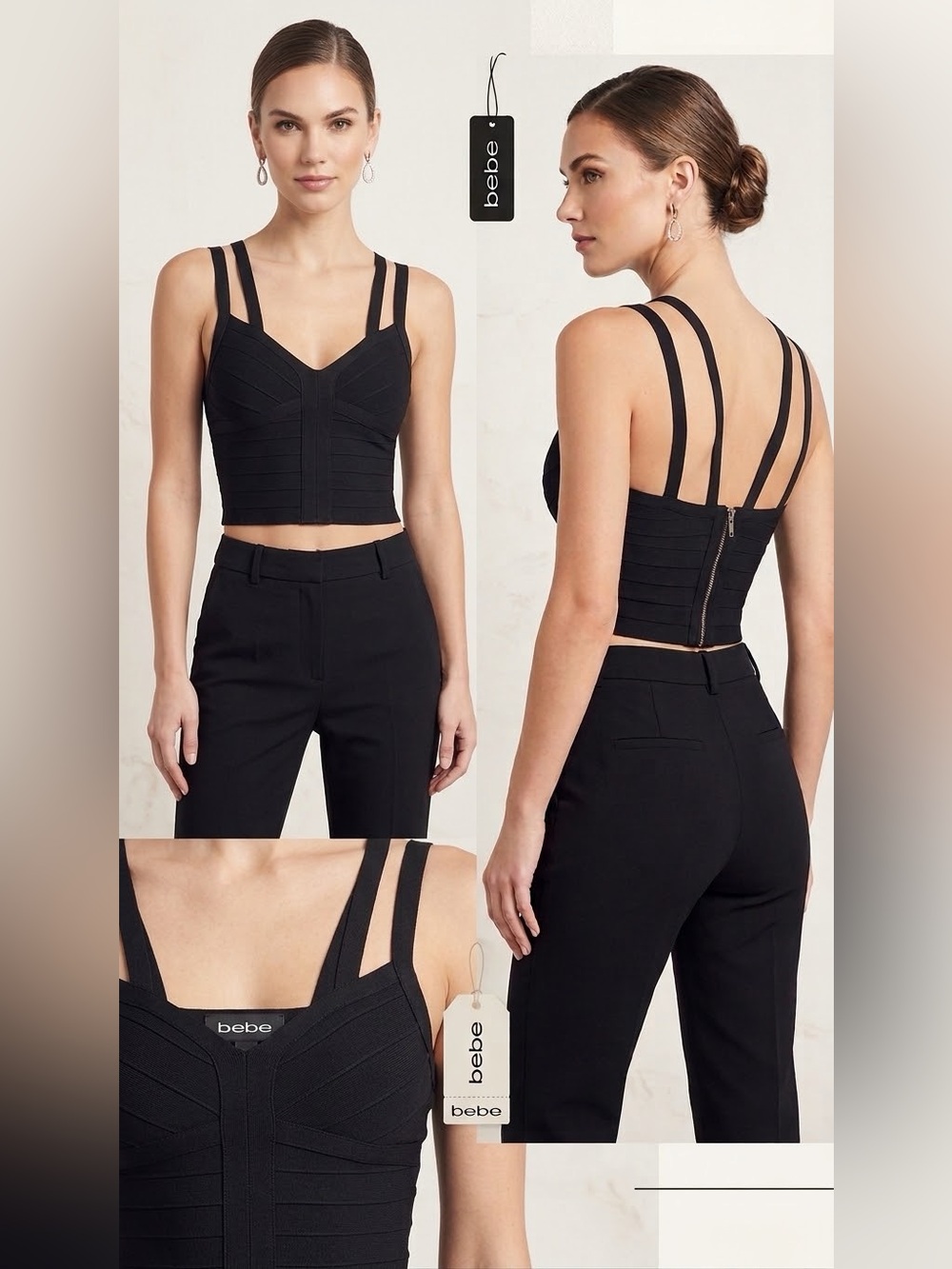 bebe Black Double-Strap Bandage Crop Top